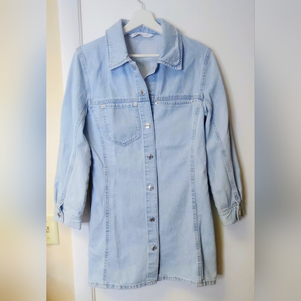 Zara Cotton Fitted Long Sleeves Button Down Denim Shirt Dress Light Wash Size S - Picture 4 of 15